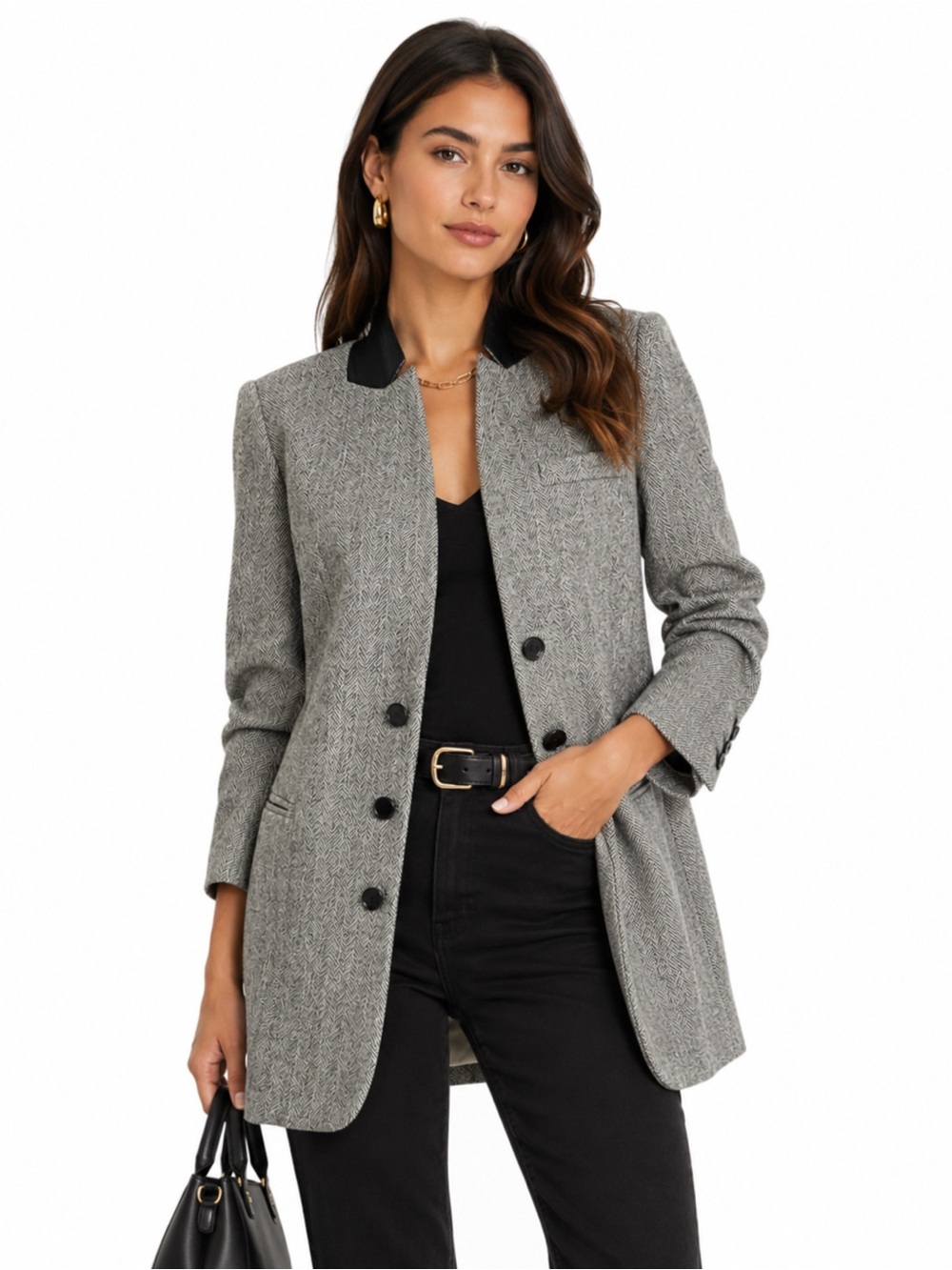 Elizabeth And James Wool Blend Herringbone Long Blazer Sz 8 Gray Equestrian